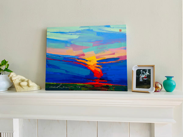 Fire and Rain II Print Giclee on Canvas by © Allan Chow   A radiant streak of red bisects the canvas, separating the lush greens of the grassy plains from the azure prairie sky. Through his intuitively developed palette and the bold, spontaneous strokes of his palette knife, Allan Chow gives form to earth and sky, conjuring a unique vision of the breathtaking majestic Flint Hills landscape into its own two-dimensional existence.