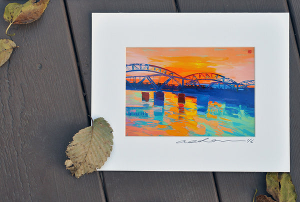 Giclee on paper - Dusk at Broadway Bridge - 5in x 7in - in white mat