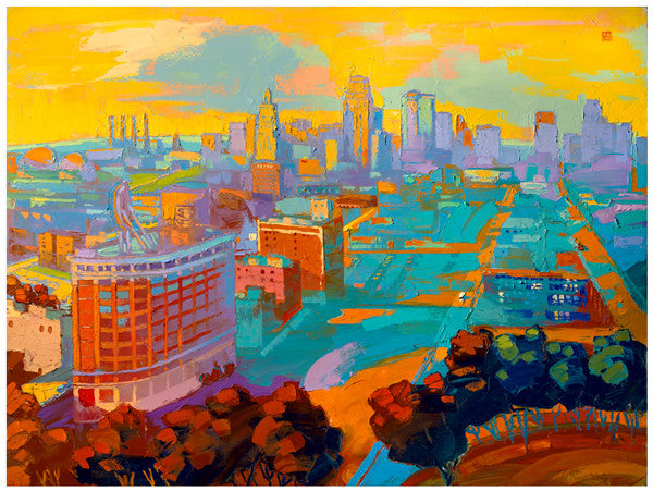 Giclee on paper - Safety of the Sunset - 24x30 - Kansas City Skyline