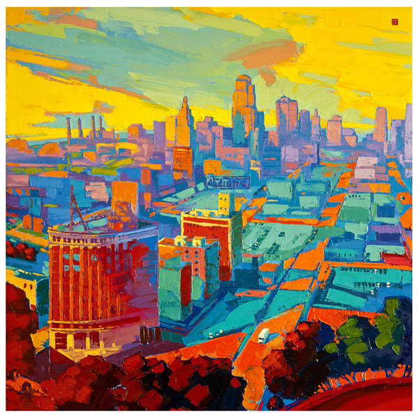 Giclee on paper - Sunset filled KC - 24x24 - Modern Landscape