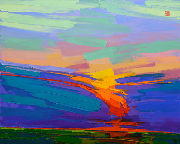 Fire and Rain II Print Giclee on Canvas by © Allan Chow   A radiant streak of red bisects the canvas, separating the lush greens of the grassy plains from the azure prairie sky. Through his intuitively developed palette and the bold, spontaneous strokes of his palette knife, Allan Chow gives form to earth and sky, conjuring a unique vision of the breathtaking majestic Flint Hills landscape into its own two-dimensional existence.